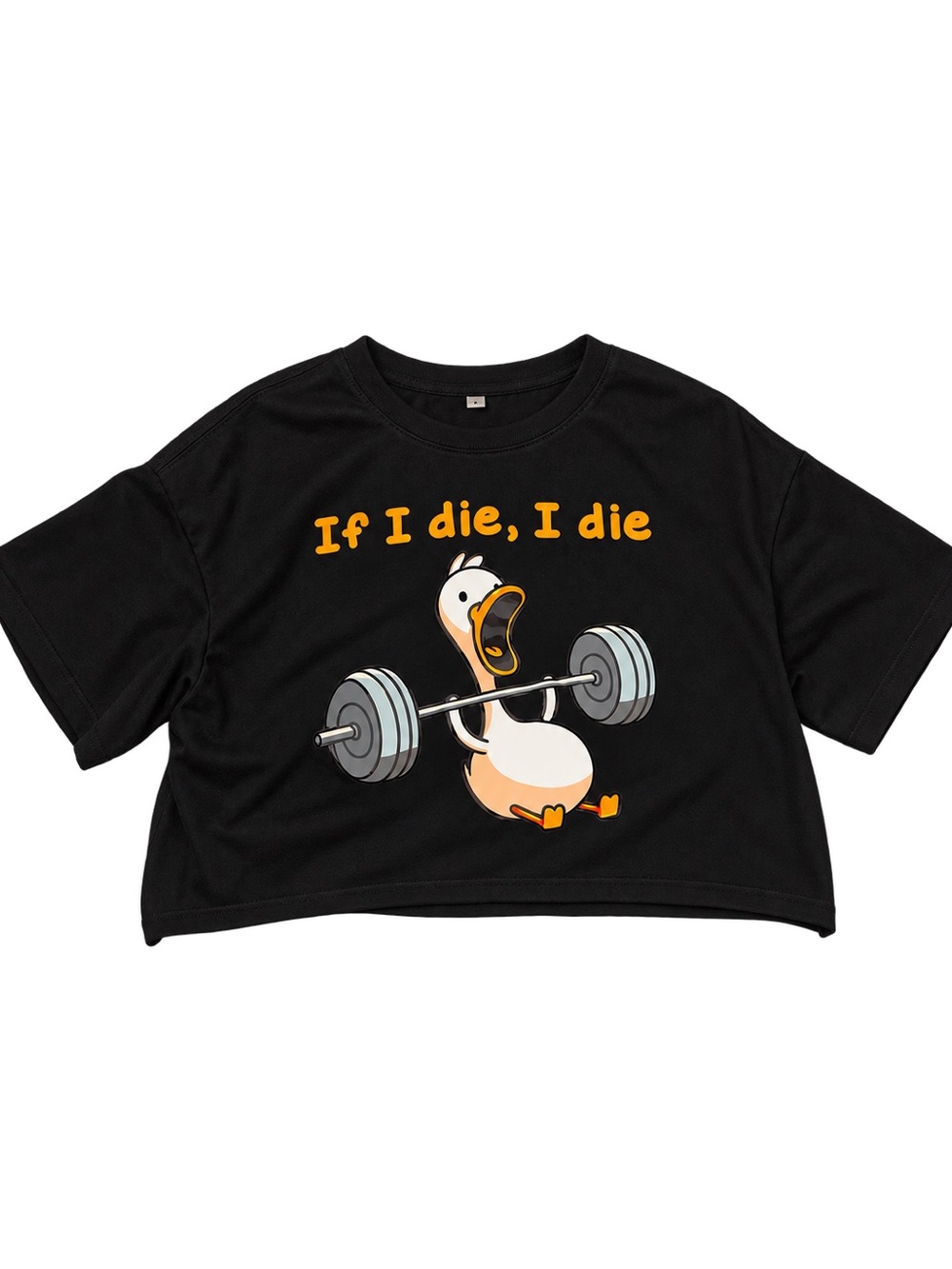Black Graphic Cropped Tee with Duck Weightlifting Print